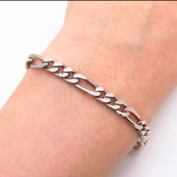 Mens Italian Sterling Silver Solid Figaro Link Chain Bracelet - Image 2